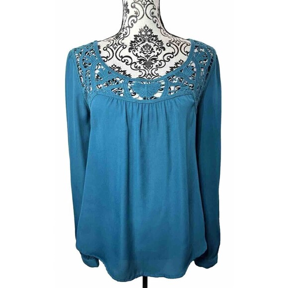 EAM Teal Embroidered Crocheted Floral Long Sleeve Blouse Size Medium Boho - Picture 2 of 11